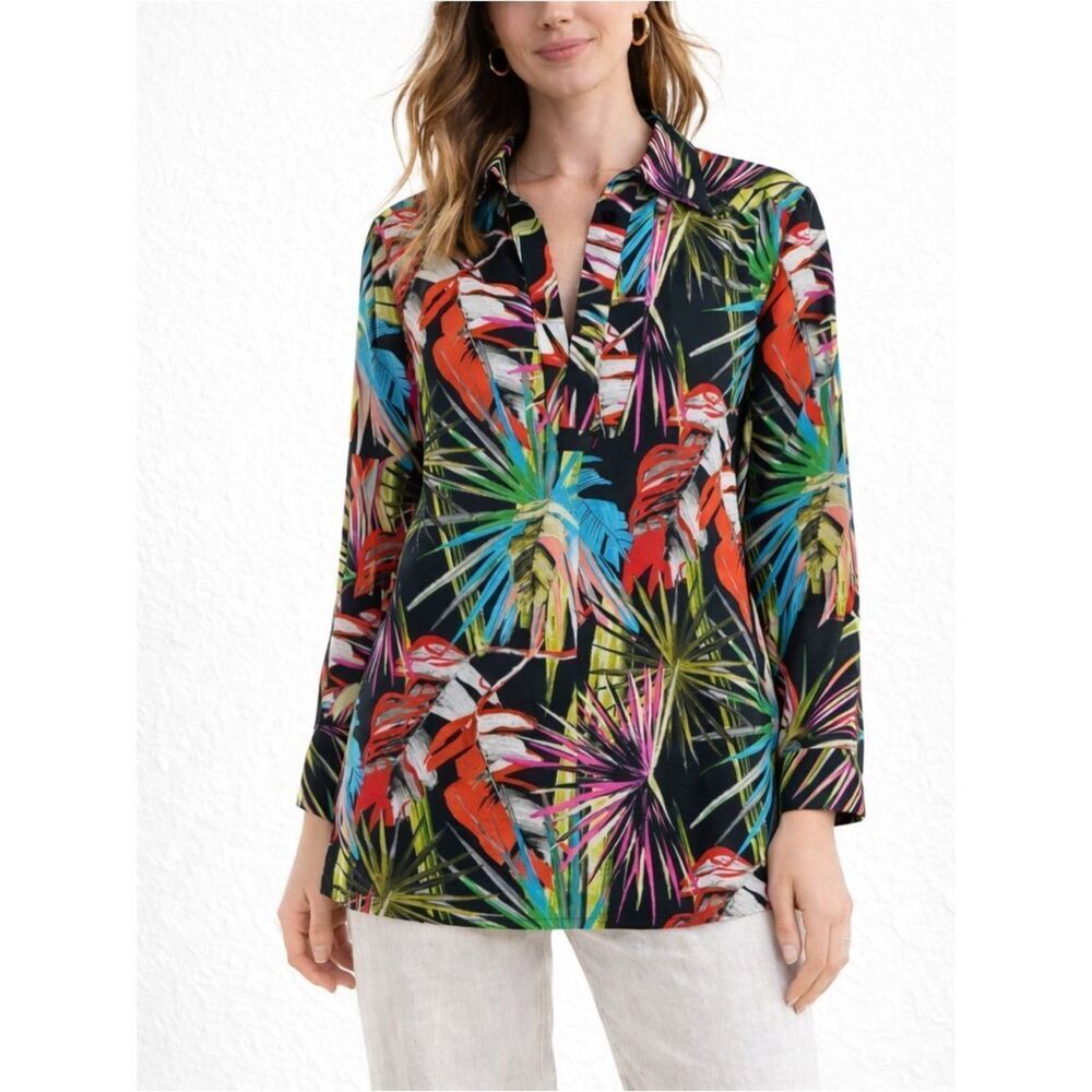 Natori El Nido Tropical Print Tunic Top Size S Black Multicolor Collared Beachy